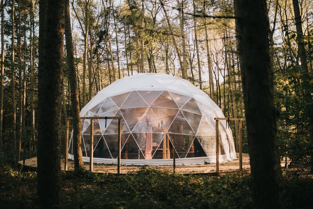 A geodesic dome structure in a forest setting.