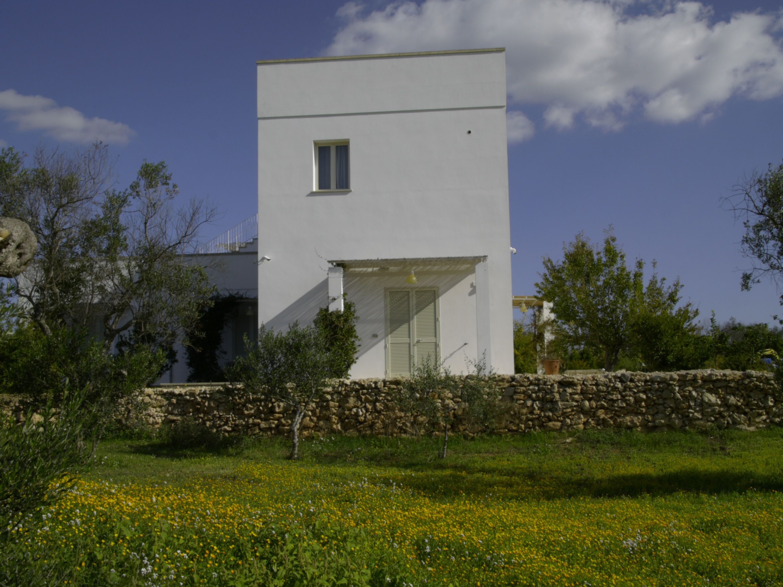 A modern, single-story building with a flat roof, a small window, and a door. It is surrounded by a stone wall and has a grassy area with yellow flowers in front.
