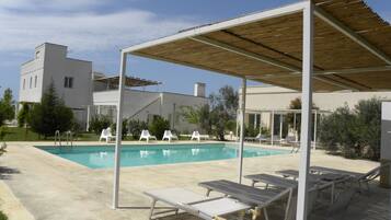 Piscina stagionale all'aperto, ombrelloni da piscina, lettini