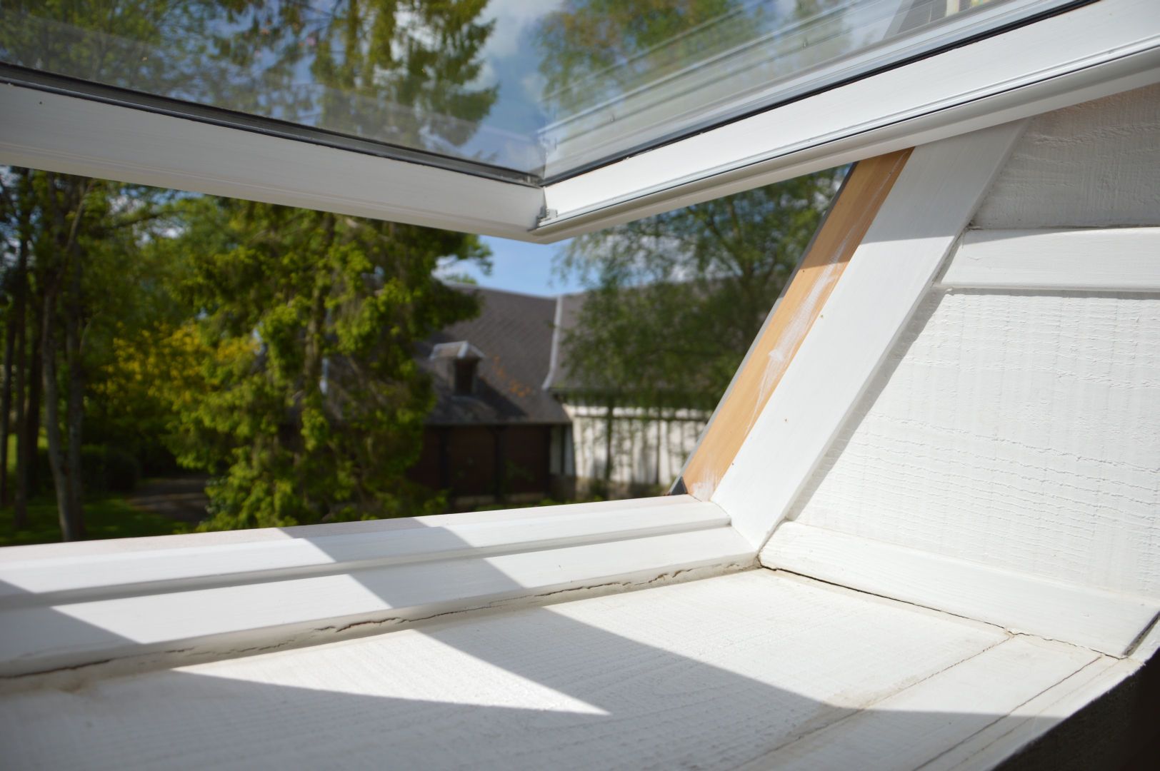 A skylight window with a view of trees and a building in the background.