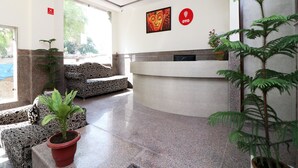Un área de recepción con diseño moderno, que incluye un mostrador de recepción, sofás con estampado y plantas en macetas.
