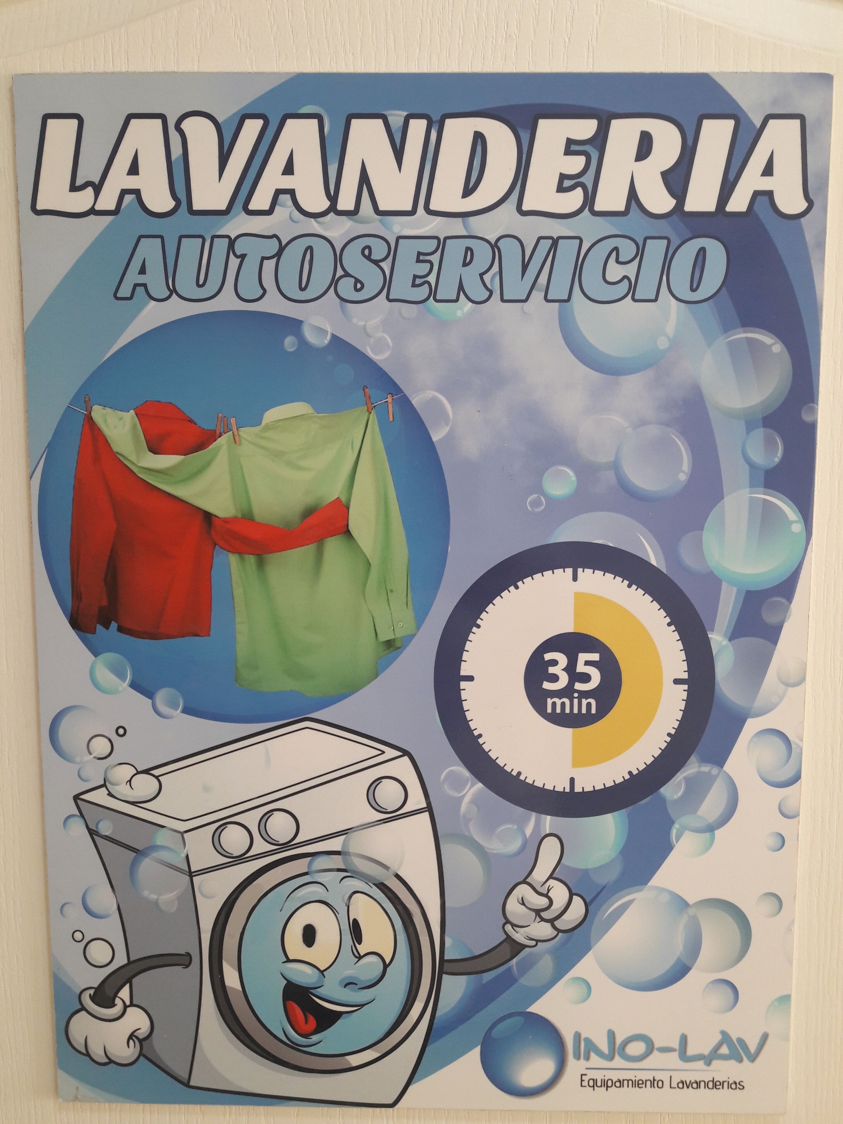 Ein Poster mit einer Waschmaschinenfigur und einem Timer, der 35 Minuten anzeigt.