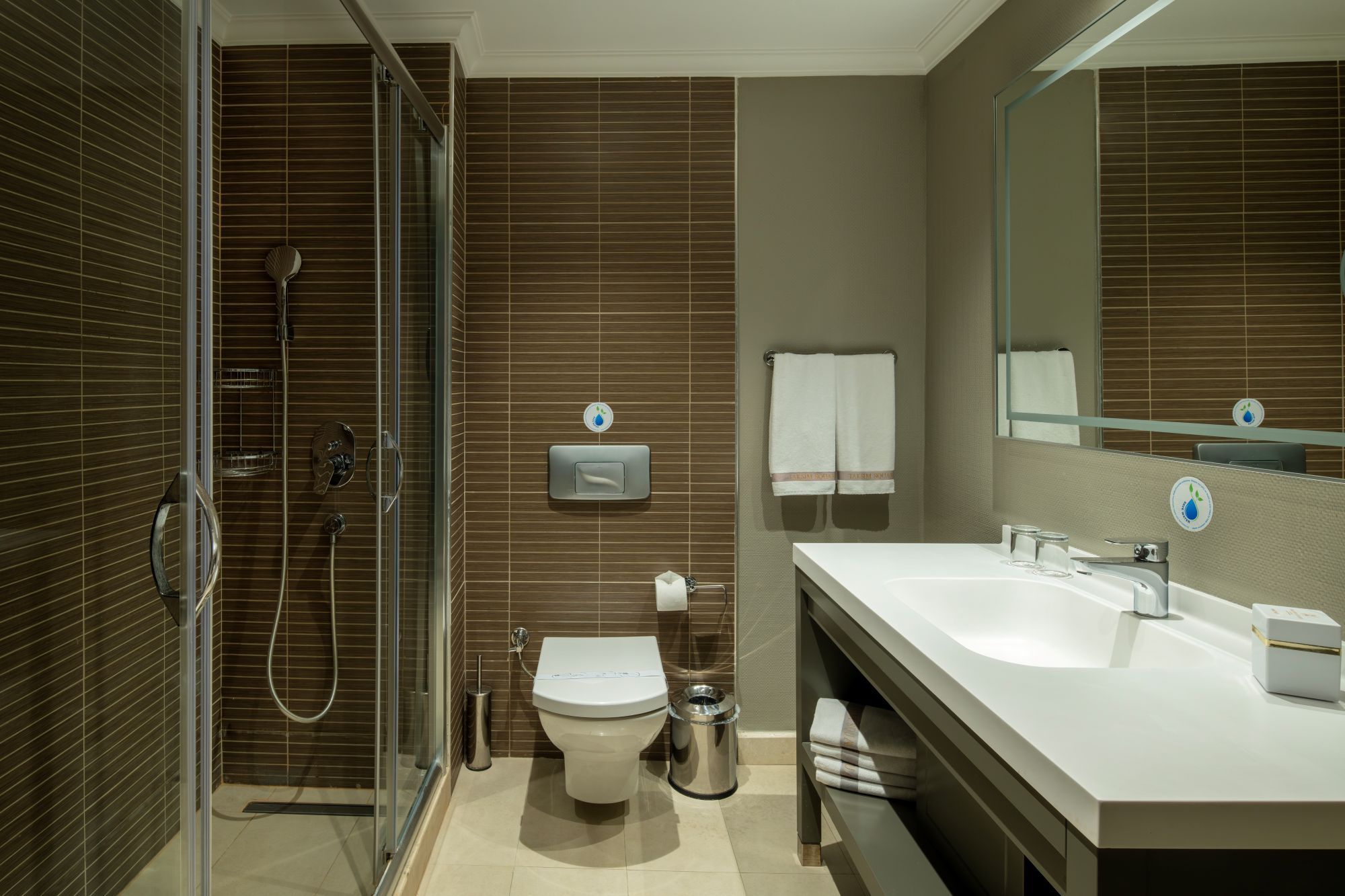 A modern bathroom with a glass shower enclosure, a toilet, a bidet, and a dual sink vanity.