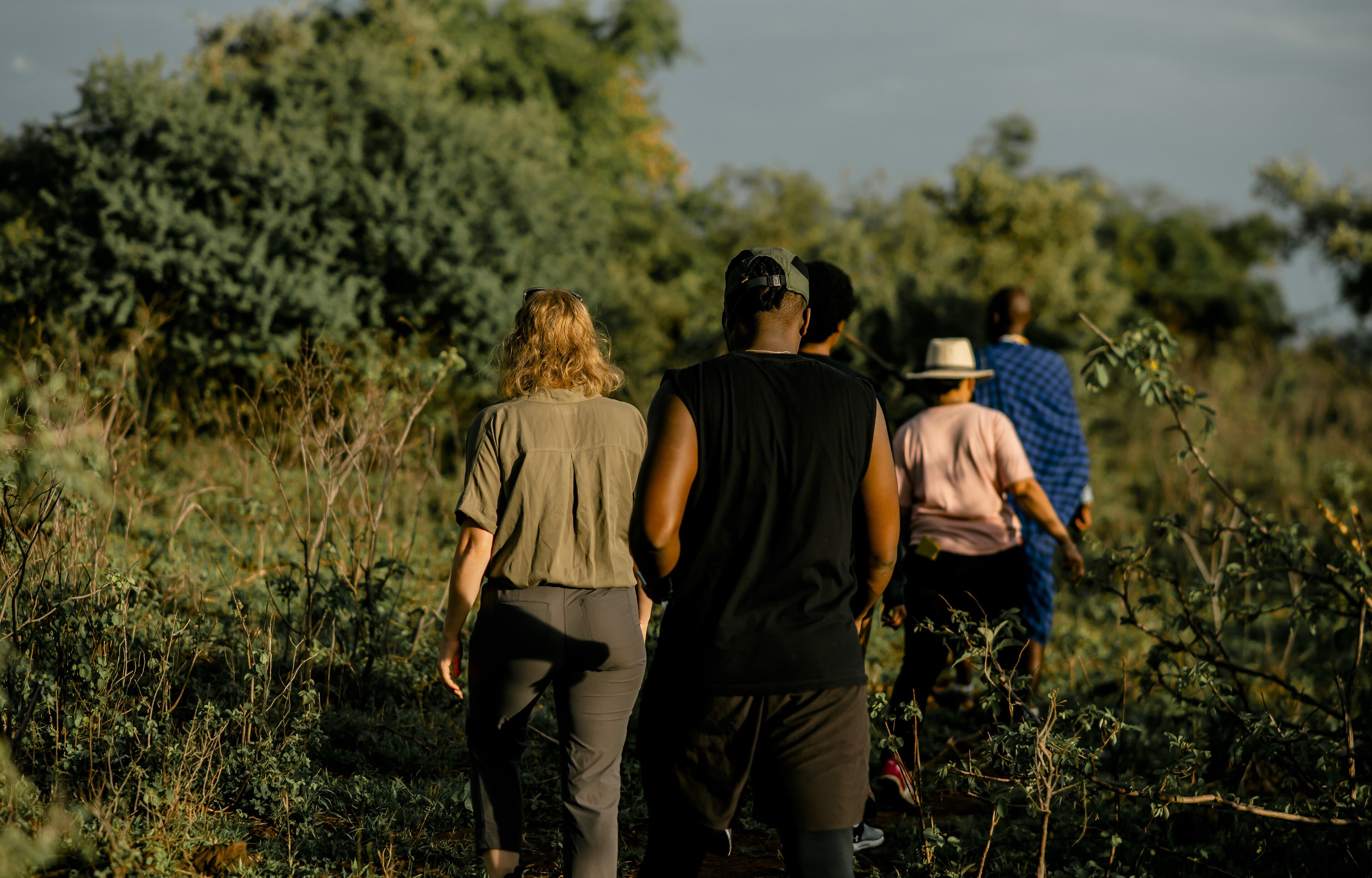 A group of people walking through a natural area with dense vegetation and trees.