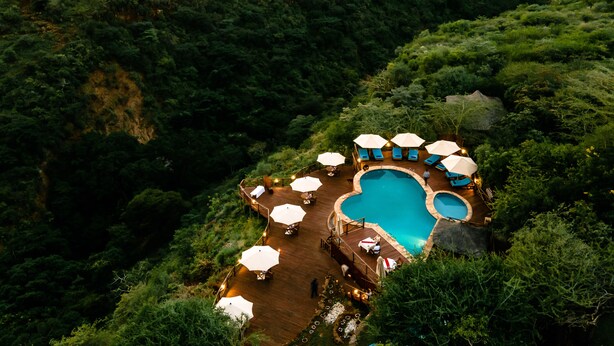 Luchtbeeld van een resort met een zwembad, omringd door ligbedden en parasols, met op de achtergrond een dicht bos.