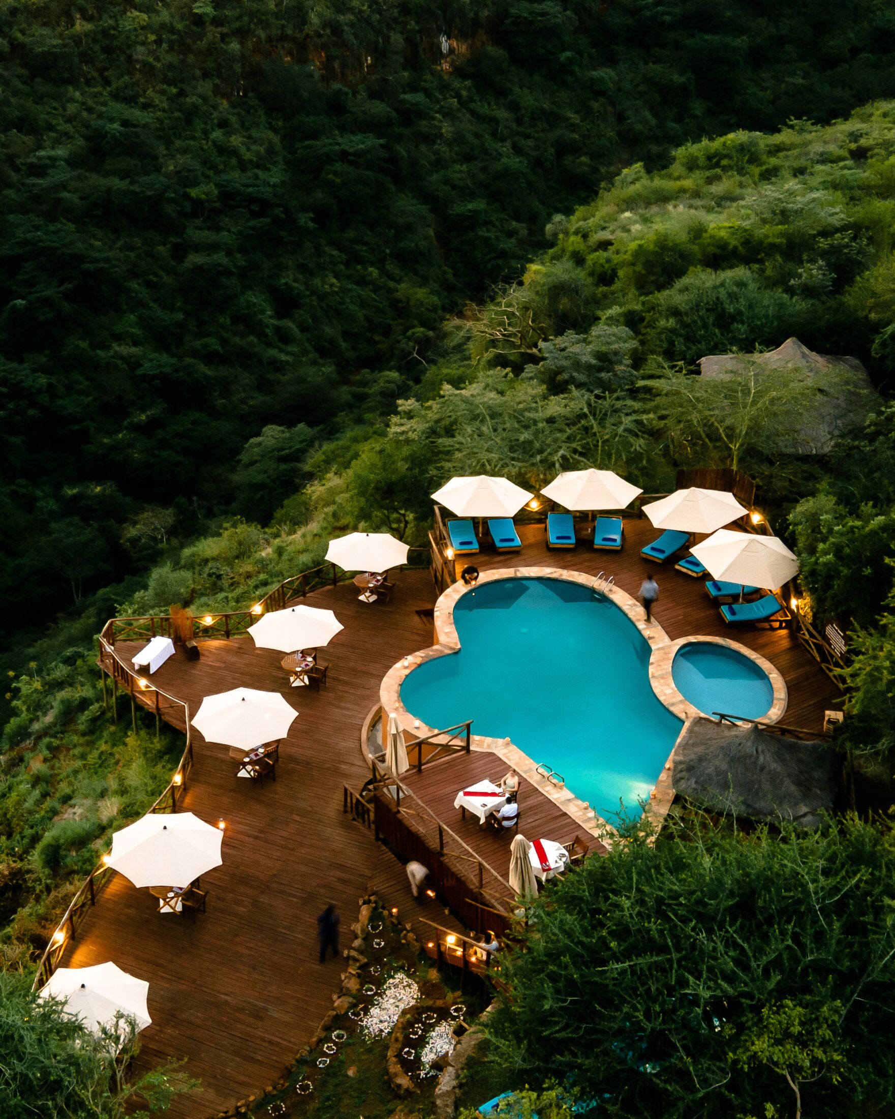 An outdoor swimming pool surrounded by lounge chairs and umbrellas, set on a wooden deck with a forest backdrop.