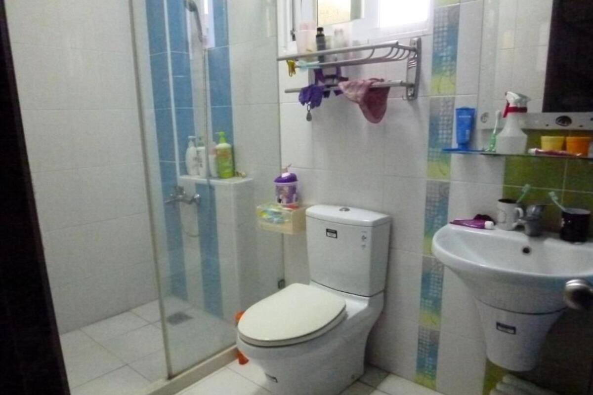 A bathroom with a toilet, a sink, and a shower area.