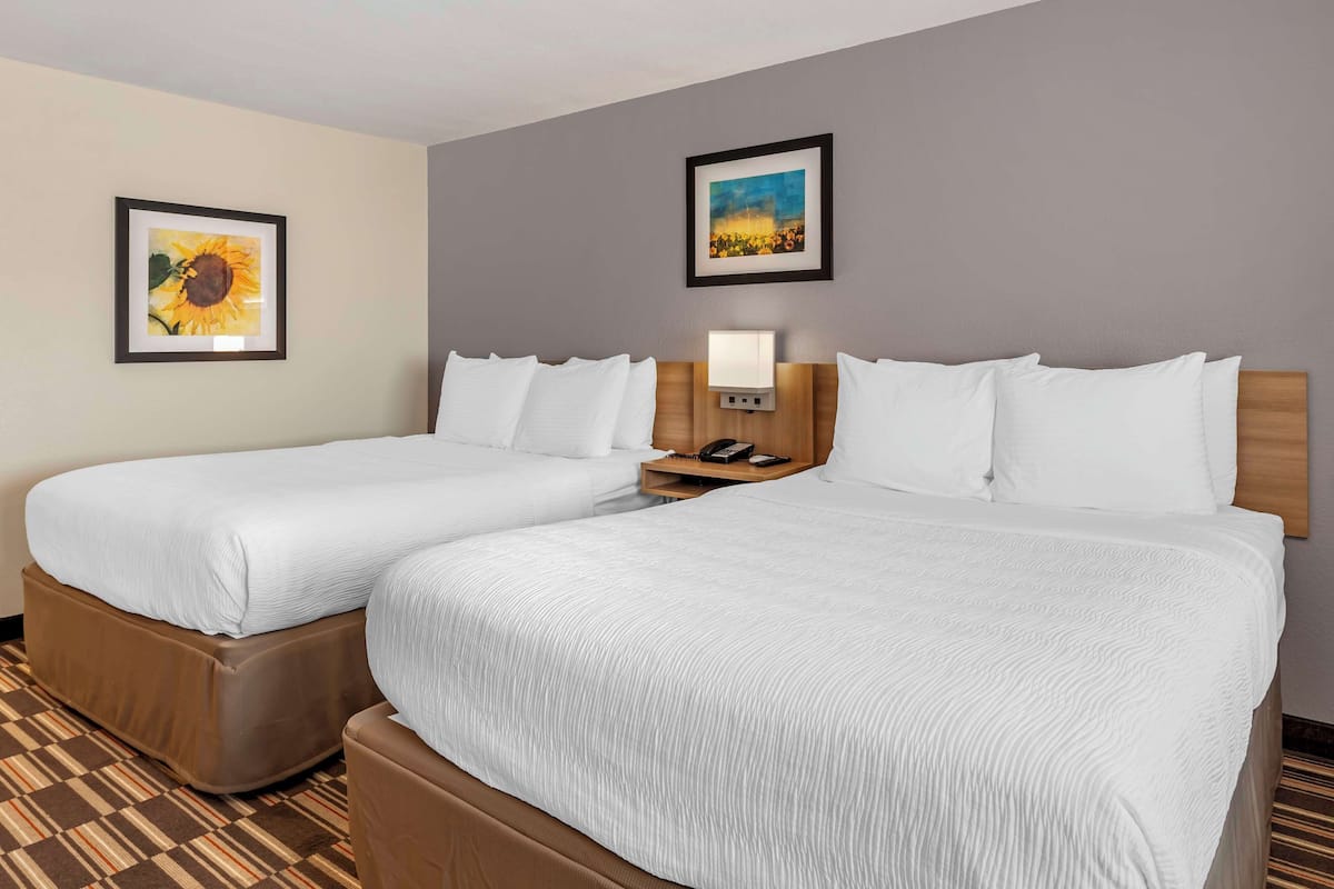 A hotel room with two beds, a nightstand with a lamp, and two framed pictures on the wall.