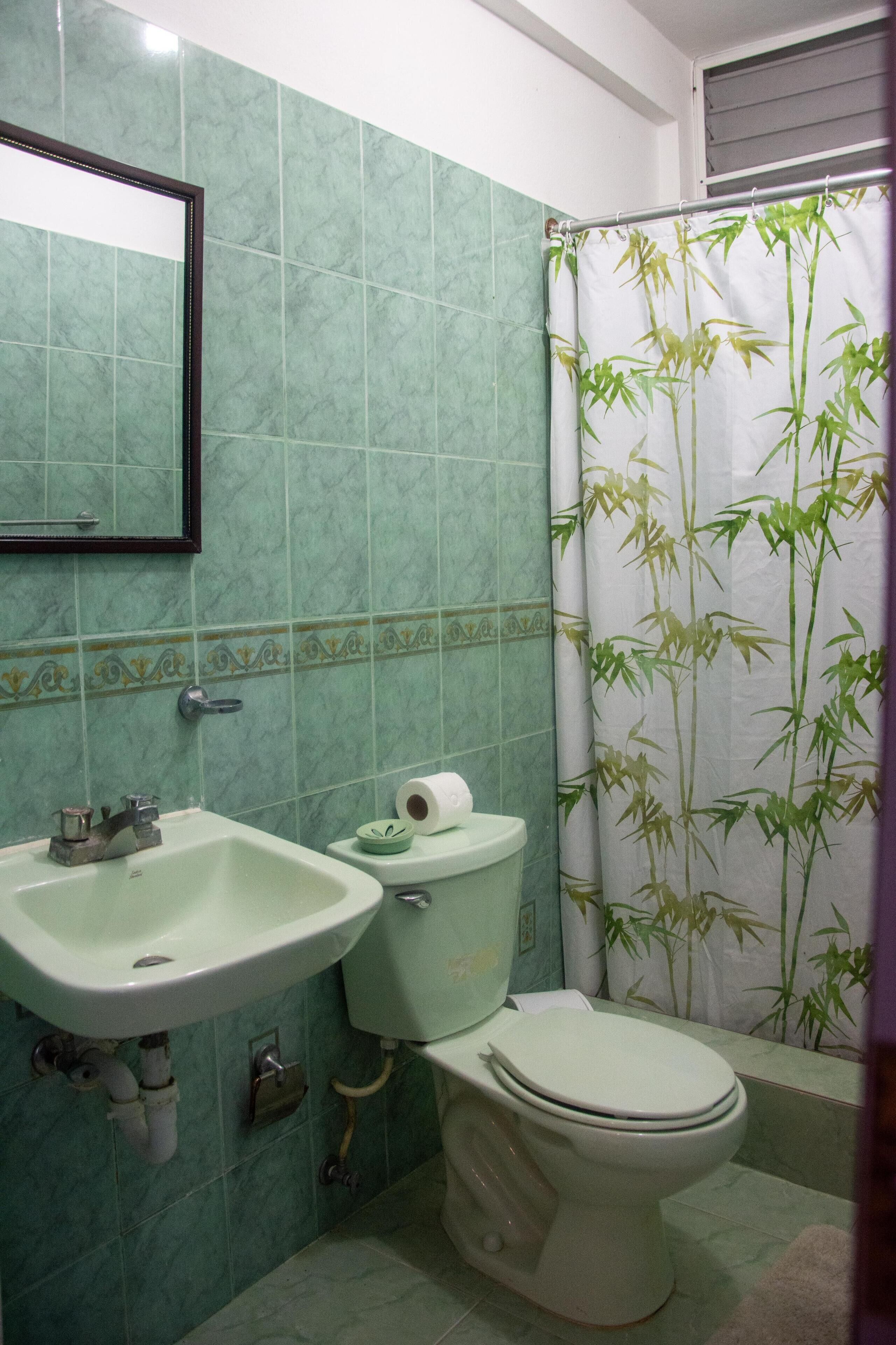 A bathroom with a toilet, sink, and a mirror.