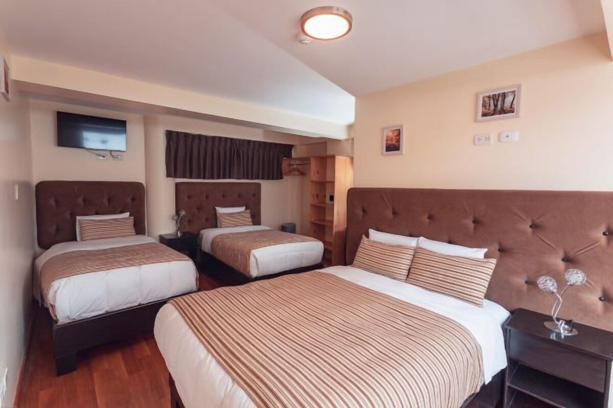 A hotel room with three beds, a TV, a bookshelf, and a small table with a decorative item.