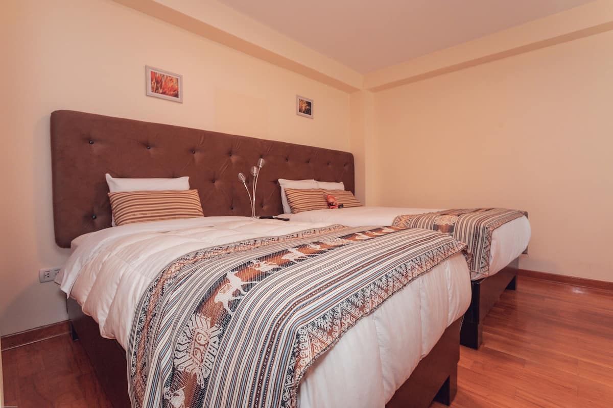 A double bed with a brown headboard, two pillows, and a patterned blanket.