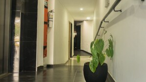 Un pasillo moderno con suelo de baldosas negras, una planta en maceta y una barandilla en la pared derecha.