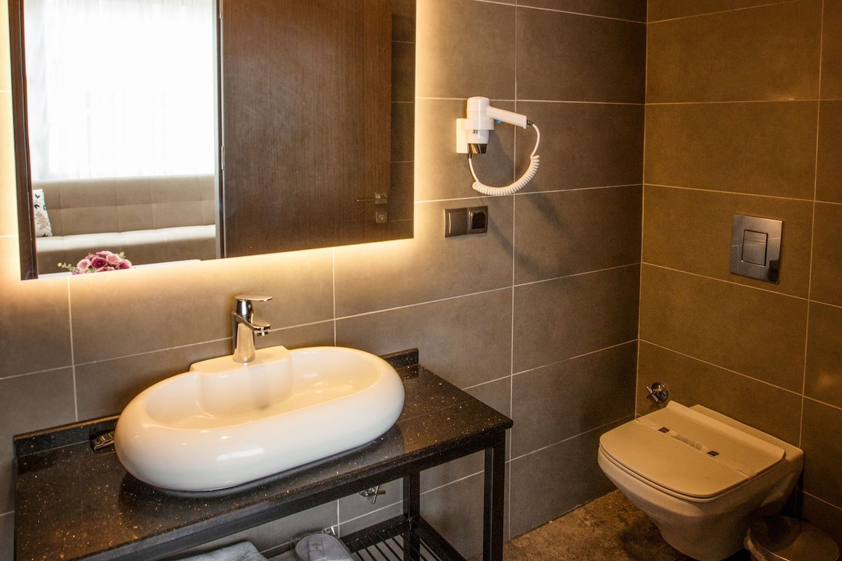 family suite, 1 queen bed with sofa bed | bathroom | shower, slippers, bidet, towels