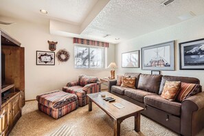 Televisión, chimenea, reproductor de DVD, estéreo