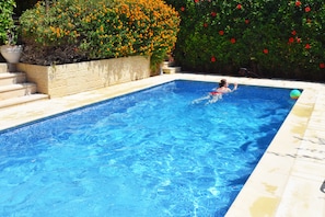 Una piscina rectangular con agua azul cristalina, rodeada por una terraza de piedra y un macizo de flores naranjas.