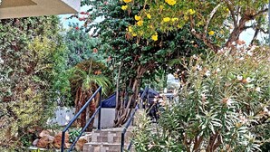 A staircase surrounded by lush greenery and flowering plants, leading to a covered area. - Villa Talassa near Coral Bay with optional 4x4 CAR, Jacuzzi and HEATED POOL (Paphos)