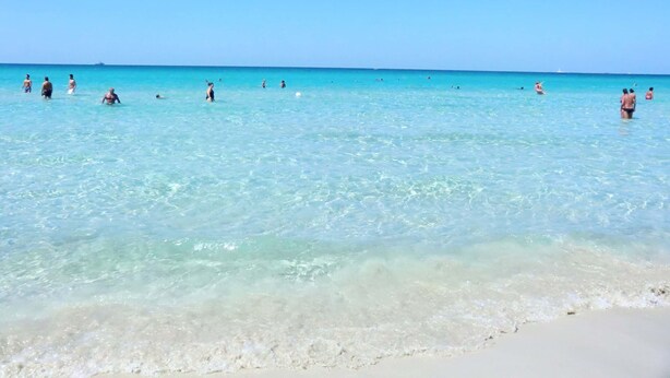 Una playa con aguas turquesas cristalinas y una orilla arenosa.