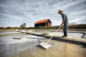 A person working with a long-handled tool on a concrete surface, with a house and a mountain in the background.