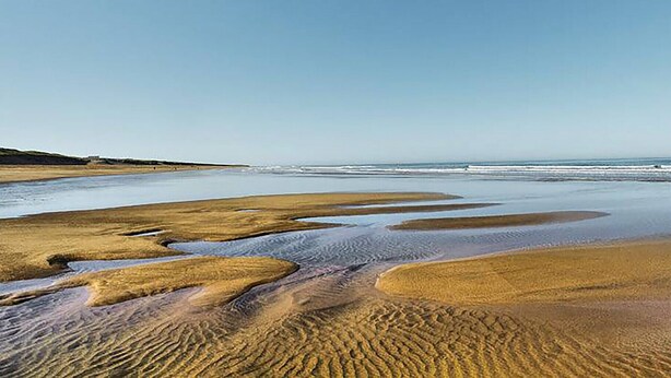 A beach with wet sand patterns and a clear sky.