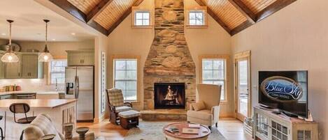 Smart TV, fireplace, foosball, books