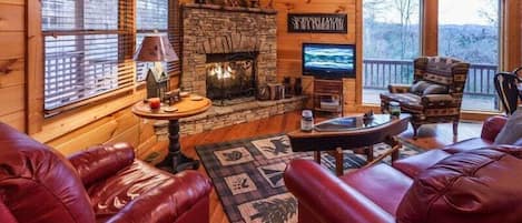 Smart TV, chimenea y libros