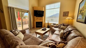 Smart TV, fireplace, books