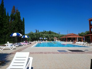 A swimming pool with lounge chairs and umbrellas, surrounded by trees and buildings. - Zante Dolphin (Zakynthos)