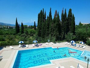 A swimming pool with lounge chairs and umbrellas, surrounded by tall trees and a clear sky. - Zante Dolphin (Zakynthos)