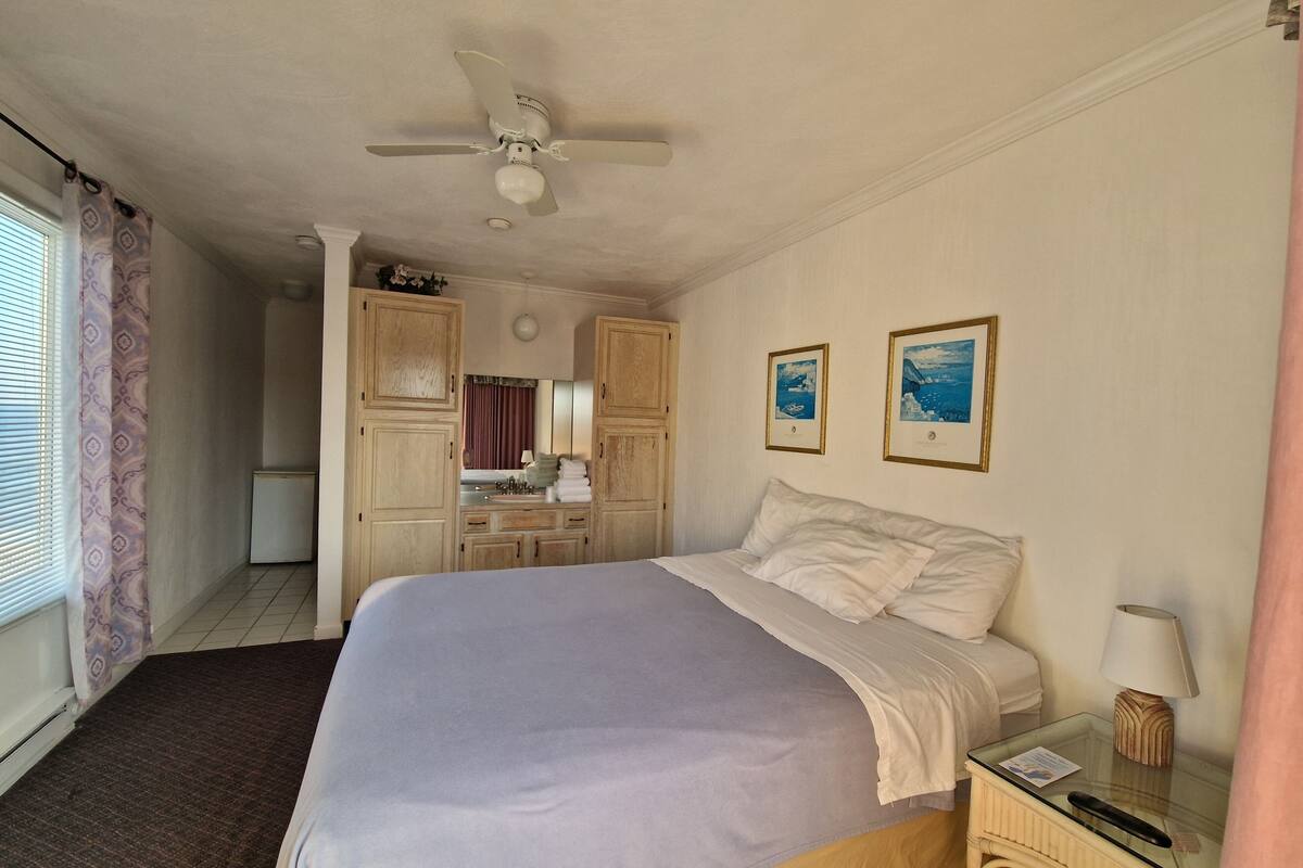 A bedroom with a bed, a nightstand, a lamp, a ceiling fan, and a bathroom with a sink and cabinets.