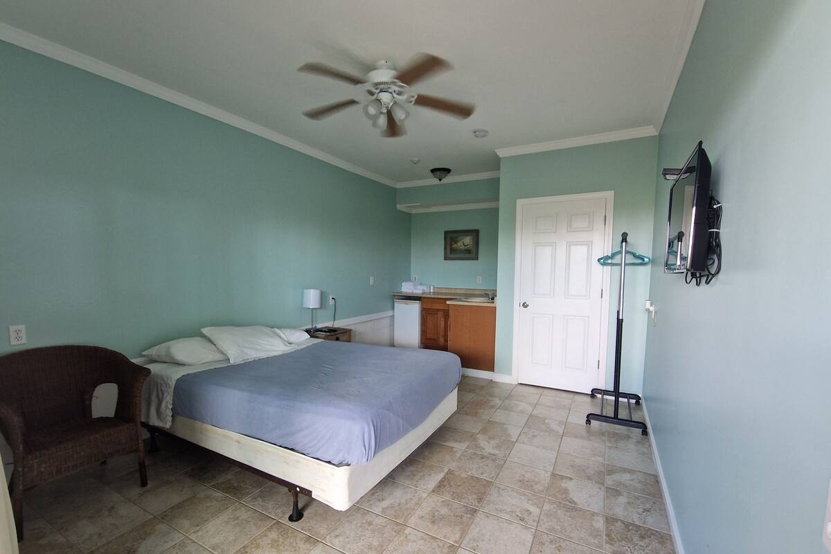 A bedroom with a bed, a chair, a desk, a ceiling fan, and a door.
