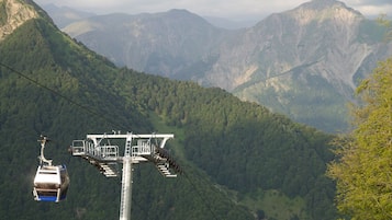 A cable car system in a mountainous area with lush green forests.