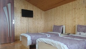 A room with two beds, wooden walls, a flat-screen TV, and a wooden ceiling. - Kriyus (Gabala)
