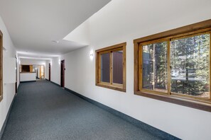 A corridor with carpeted floors, wooden-framed windows, and a view of trees outside.