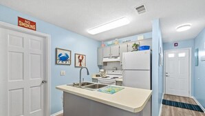 A compact kitchen with a central island, white cabinets, and a 'No Smoking' sign.