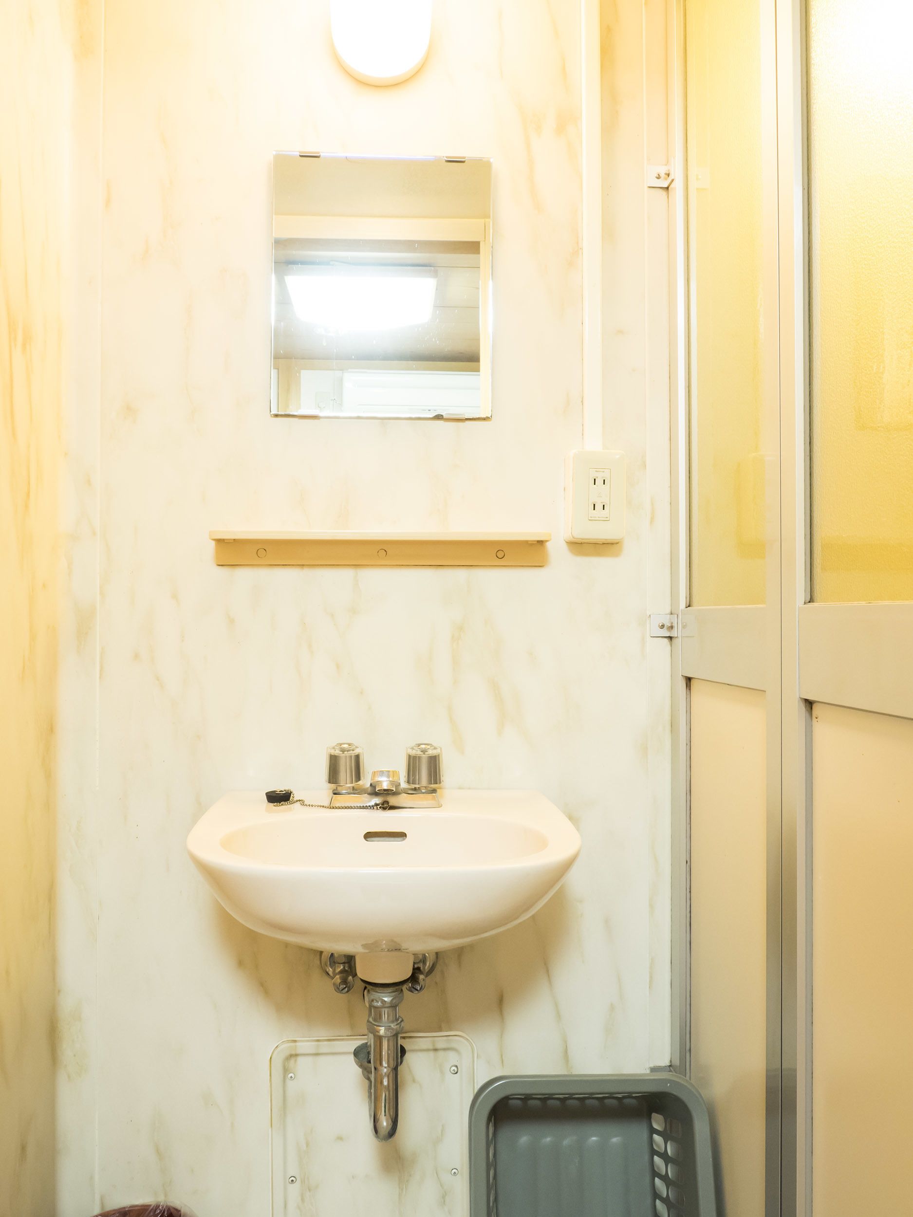 Une salle de bain avec un lavabo blanc, un miroir au-dessus et une porte de douche sur le côté droit.