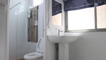 Un baño con inodoro, lavabo y ducha.