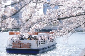 A boat with passengers, surrounded by cherry blossoms. - Feel Osaka Yu - Hostel (Osaka)