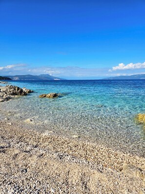 On the beach, sun-loungers