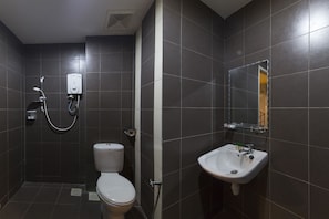Une salle de bain moderne avec des carreaux de couleur foncée, des toilettes blanches, une douche équipée d’un pommeau de douche amovible et un lavabo avec un miroir au-dessus.