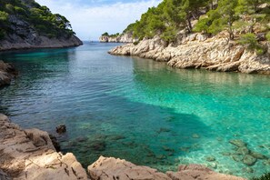 A coastal scene with clear turquoise waters, rocky cliffs, and dense green trees. - Apartment in residence, sea view and Cap Canaille (Cassis)