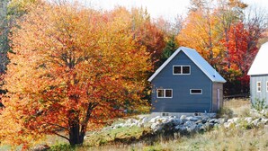 A two-story house with a gabled roof, surrounded by autumn foliage.
