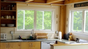 A kitchen with wooden cabinets, a sink, a dish rack, and a window with a view of trees.