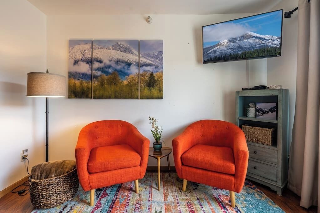 Een woonkamer met twee oranje fauteuils, een kleurrijk vloerkleed, een lamp, een televisie en een aan de muur hangend schilderij.