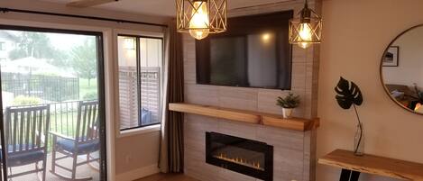 Smart TV, fireplace, Netflix, books