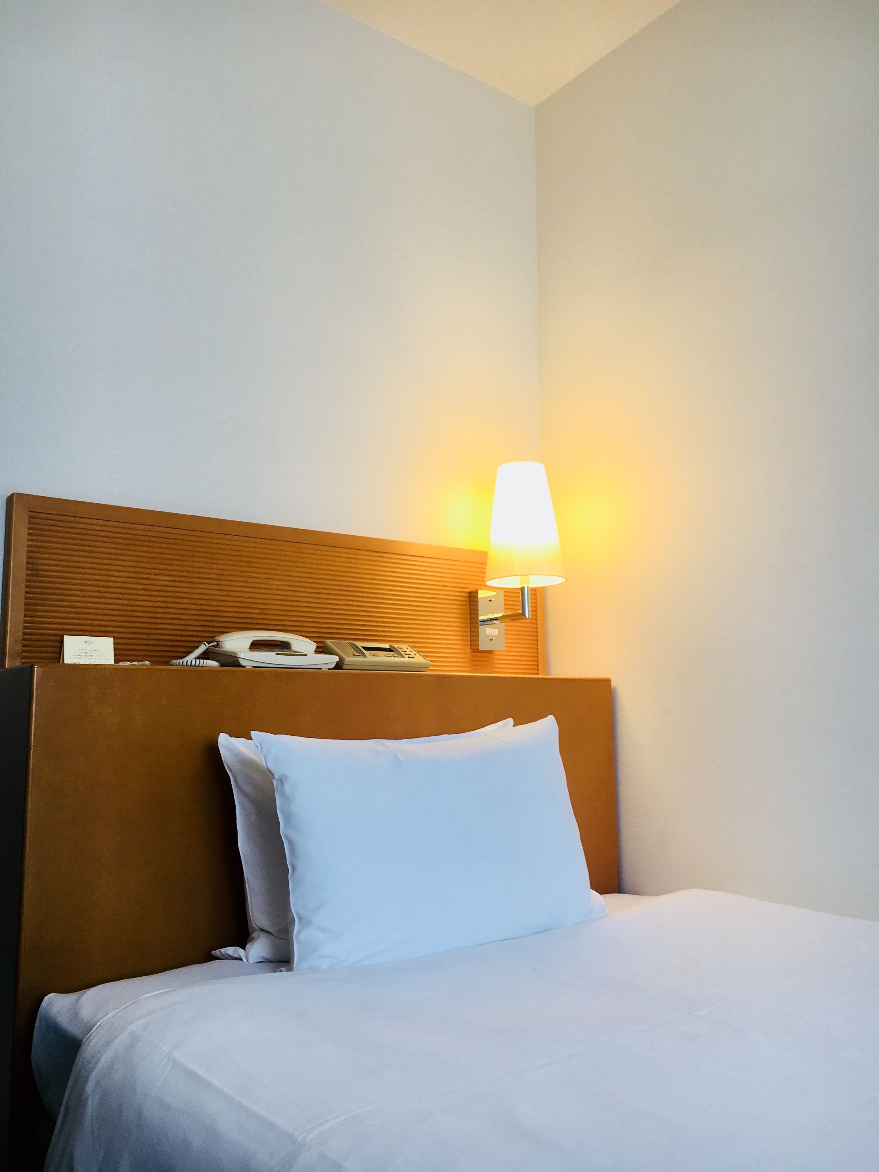 A hotel room with a bed, a nightstand, a lamp, and a telephone.