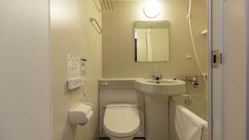 Combined shower/tub, deep soaking tub, free toiletries, hair dryer