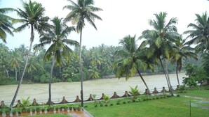 A lush green landscape with palm trees and a river. - Travancore Island Resort (Thiruvananthapuram)