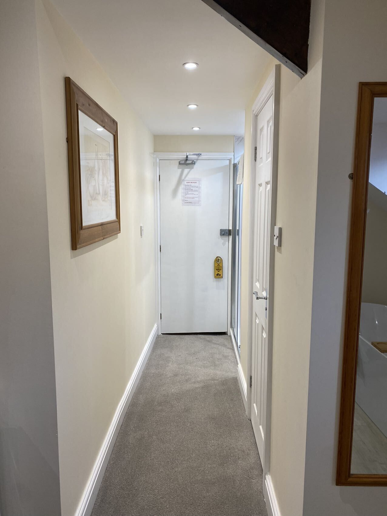 A narrow hallway with a carpeted floor, a framed picture on the left, and a door at the end with a sign above it.