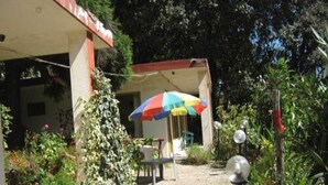 A garden area with a patio, a colorful umbrella, and a chair. - Janardan Resort Pangot (Kosiyakutoli)