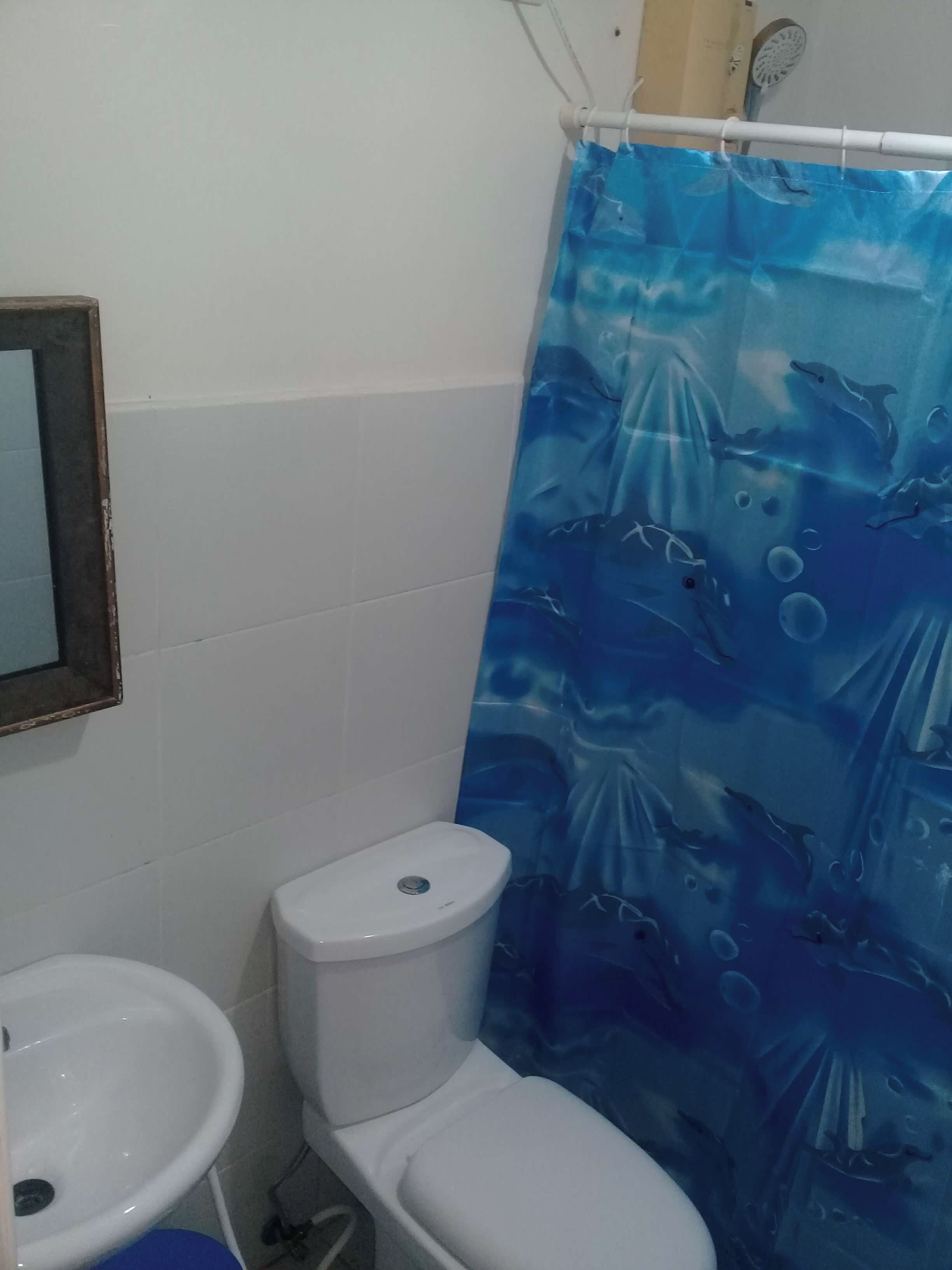 A bathroom with a toilet, a sink, and a shower curtain with a dolphin pattern.
